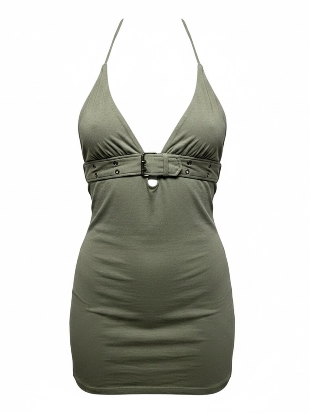 Vintage Y2K LVLX Olive Green Halter Buckle Mini Dress | Size Large